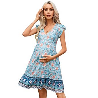 Women's Maternity V-Neck Babydoll Midi Dress Flutter Sleeve Ruffle Hem