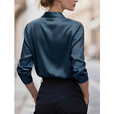 Women's Casual V Neck Blouse Long Sleeve Solid Work Shirt Top