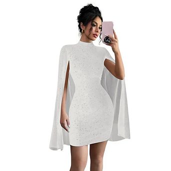 Women's Glitter Mini Dress Mock Neck Cloak Sleeve Cocktail Shimmering Elegant Dresses