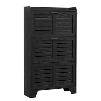 Slim Shoe Cabinet with 3 Flip Drawers and Side Hooks Louvered Entryway Shoe Storage Organizer