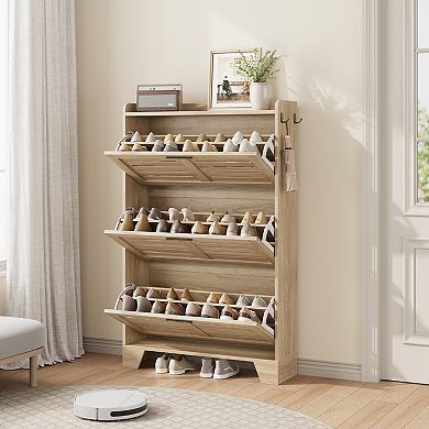 Slim Shoe Cabinet with 3 Flip Drawers and Side Hooks Louvered Entryway Shoe Storage Organizer