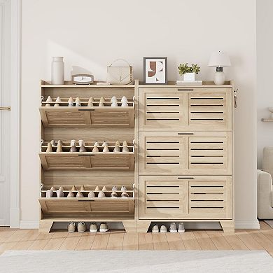 Slim Shoe Cabinet with 3 Flip Drawers and Side Hooks Louvered Entryway Shoe Storage Organizer