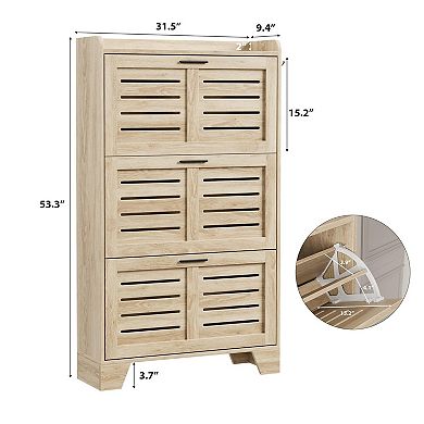 Slim Shoe Cabinet with 3 Flip Drawers and Side Hooks Louvered Entryway Shoe Storage Organizer