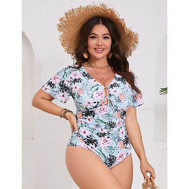 Women's Plus Size One Piece Swimsuit Tie Front Short Sleeve Cutout Backless Bathing Suit