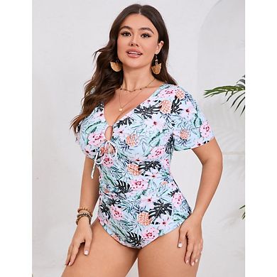 Women's Plus Size One Piece Swimsuit Tie Front Short Sleeve Cutout Backless Bathing Suit