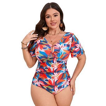 Women's Plus Size One Piece Swimsuit Tie Front Short Sleeve Cutout Backless Bathing Suit
