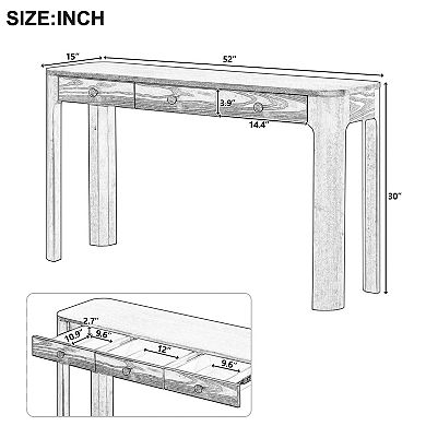 Whisen Rustic Console Table with Curved Corners and 3 Concealed Drawers