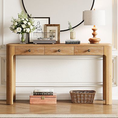 Whisen Rustic Console Table with Curved Corners and 3 Concealed Drawers