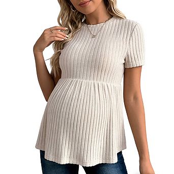 Women's Maternity Short Sleeve Peplum Tee Ribbed Knit Empire Waist Casual Tops