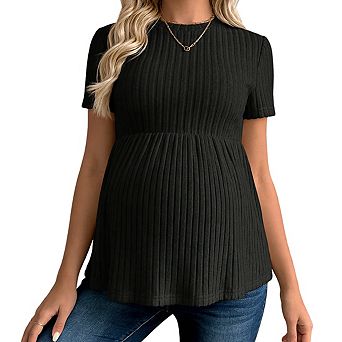 Women's Maternity Short Sleeve Peplum Tee Ribbed Knit Empire Waist Casual Tops