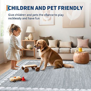 Modern Border Area Rug Non Slip Vacuum Clean Ultra Thin Stain Resistant Carpet for Dining Room