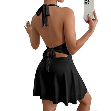 Women's Halter Neck Backless Mini Dress Tie Back Ruched Waist A Line Mini Dress