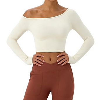 Women's Off The Shoulder Long Sleeve Crop Top - Stretchy Fitted Casual Tee for Yoga Gym Everyday