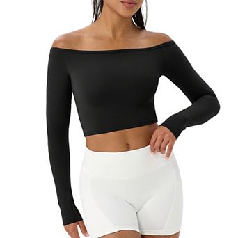 Women's Off The Shoulder Long Sleeve Crop Top - Stretchy Fitted Casual Tee for Yoga Gym Everyday