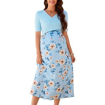 Women's Maternity Floral Dress V Neck Half Sleeve Nursing Knit Patchwork Casual Elegant Dress