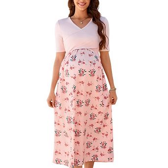 Women's Maternity Floral Dress V Neck Half Sleeve Nursing Knit Patchwork Casual Elegant Dress