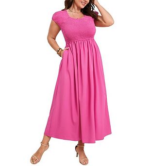 Women's Plus Size Square Neck Dress Casual Dressy Short Sleeve Smocked Midi Flared Dress