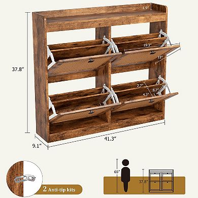 Rattan Shoe Cabinet with 4 Flip Drawers Adjustable Shelves Freestanding Entryway Shoe Storage