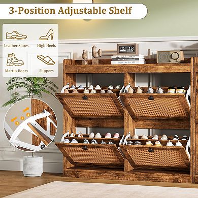 Rattan Shoe Cabinet with 4 Flip Drawers Adjustable Shelves Freestanding Entryway Shoe Storage