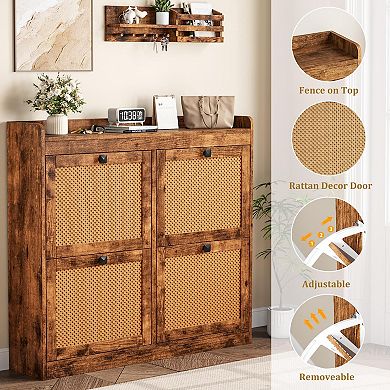 Rattan Shoe Cabinet with 4 Flip Drawers Adjustable Shelves Freestanding Entryway Shoe Storage