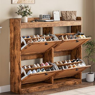Rattan Shoe Cabinet with 4 Flip Drawers Adjustable Shelves Freestanding Entryway Shoe Storage
