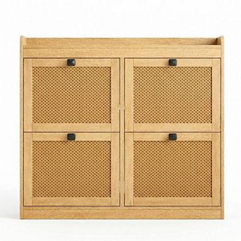 Rattan Shoe Cabinet with 4 Flip Drawers Adjustable Shelves Freestanding Entryway Shoe Storage