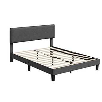 Upholstered Bed Frame with Asymmetric Headboard, Durable Wooden Slats, Sturdy Framework