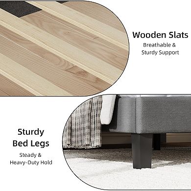 Upholstered Bed Frame with Asymmetric Headboard, Durable Wooden Slats, Sturdy Framework