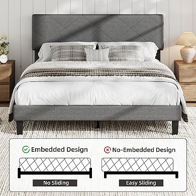 Upholstered Bed Frame with Asymmetric Headboard, Durable Wooden Slats, Sturdy Framework