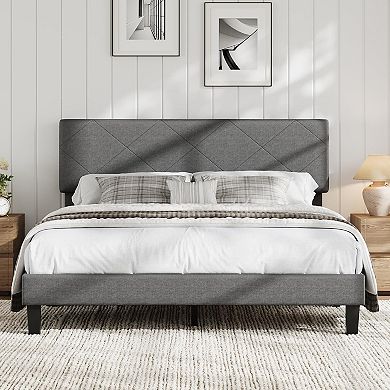 Upholstered Bed Frame with Asymmetric Headboard, Durable Wooden Slats, Sturdy Framework