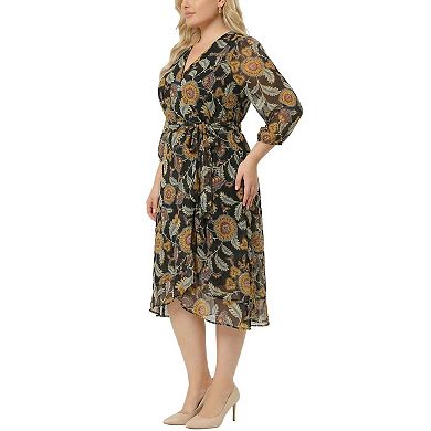 Plus Size 3/4 Sleeve V Neck Belted Chiffon Dress