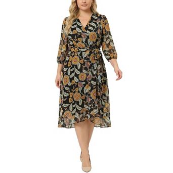 Plus Size 3/4 Sleeve V Neck Belted Chiffon Dress