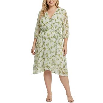 Plus Size 3/4 Sleeve V Neck Belted Chiffon Dress