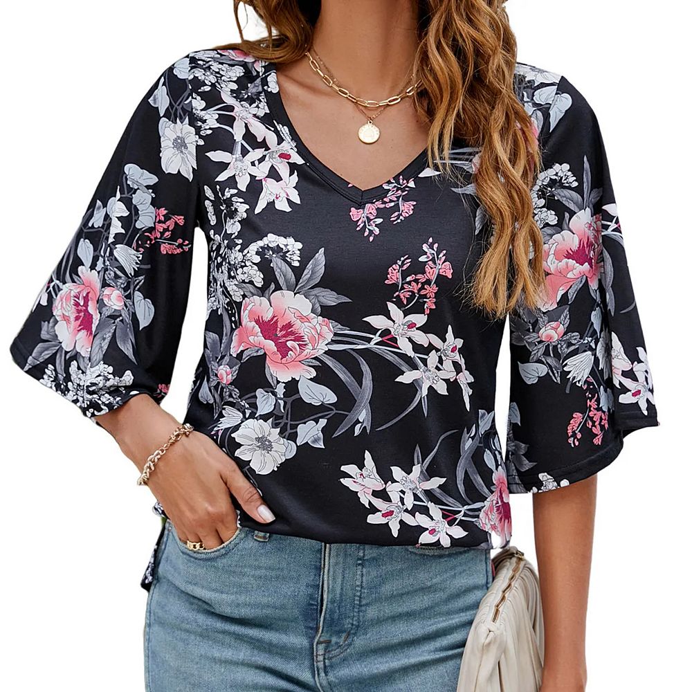 Women's 3/4 Sleeve Tunic Tops Casual V Neck Shirts Floral Printed Loose ...