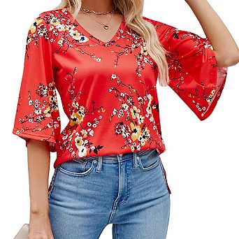 Women's 3/4 Sleeve Tunic Tops Casual V Neck Shirts Floral Printed Loose Fit Pleated Blouses