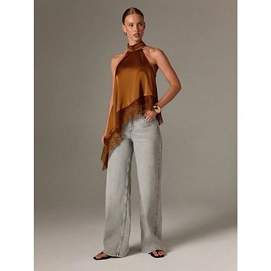Women's Satin Halter Mock Neck Tank Top, Sleeveless with Asymmetrical Lace Trim