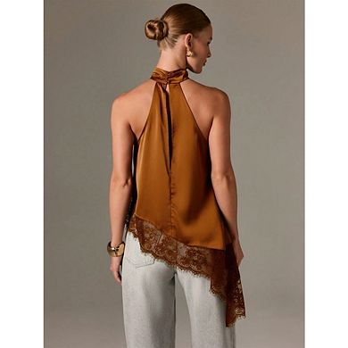 Women's Satin Halter Mock Neck Tank Top, Sleeveless with Asymmetrical Lace Trim