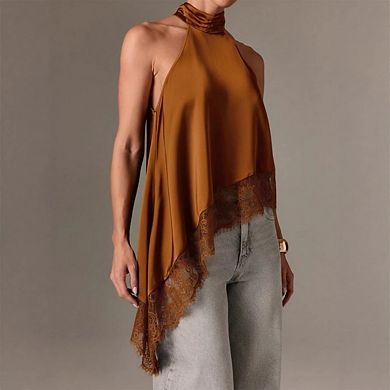 Women's Satin Halter Mock Neck Tank Top, Sleeveless with Asymmetrical Lace Trim