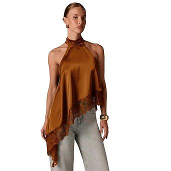 Women's Satin Halter Mock Neck Tank Top, Sleeveless with Asymmetrical Lace Trim