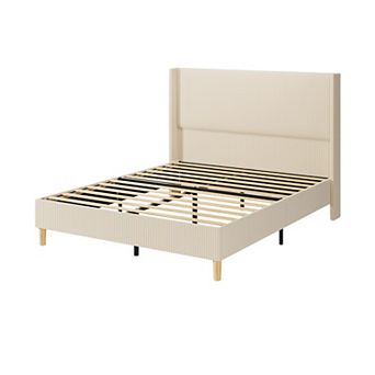 Bed Frame, Upholstered Platform Velvet Bed with Wingback Headboard, No Box Spring Needed