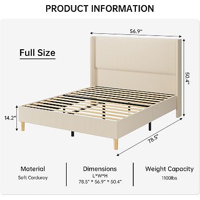 Bed Frame, Upholstered Platform Velvet Bed with Wingback Headboard, No Box Spring Needed