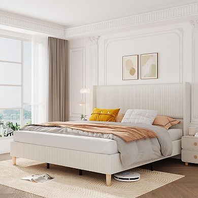 Bed Frame, Upholstered Platform Velvet Bed with Wingback Headboard, No Box Spring Needed