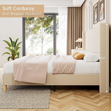 Bed Frame, Upholstered Platform Velvet Bed with Wingback Headboard, No Box Spring Needed