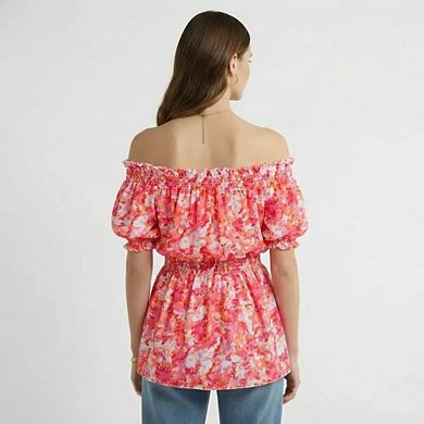 Women Off The Shoulder Top Puff Sleeve Elastic Waist Blouse