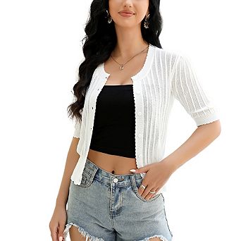 Women Short Sleeve Cropped Cardigan Lightweight Ribbed Knit Button Down Bolero Shrug