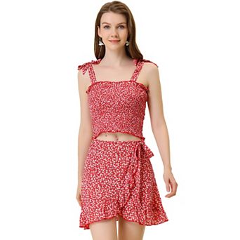 2 pc Outfit for Women's Summer Floral Print Smocked Mini Skirt Set