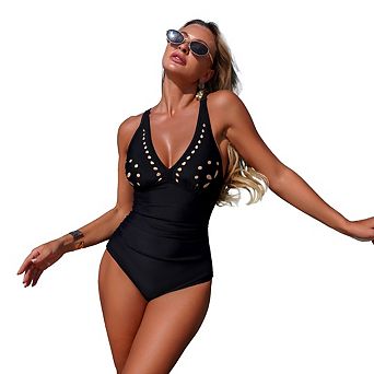 Womens One Piece Swimsuit Deep V Neck Slimming Bathing Suits Cut Out Color Block Swim Suits