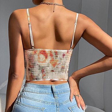 Women's Boho Vacation Pleated Spaghetti Strap Shirred Crop Tops