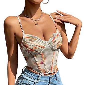 Women's Boho Vacation Pleated Spaghetti Strap Shirred Crop Tops