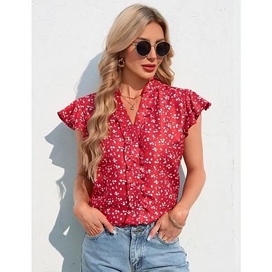 Women's Ruffle V-Neck Button-Down Blouse, Summer Trendy Casual Dressy Office Spring Top